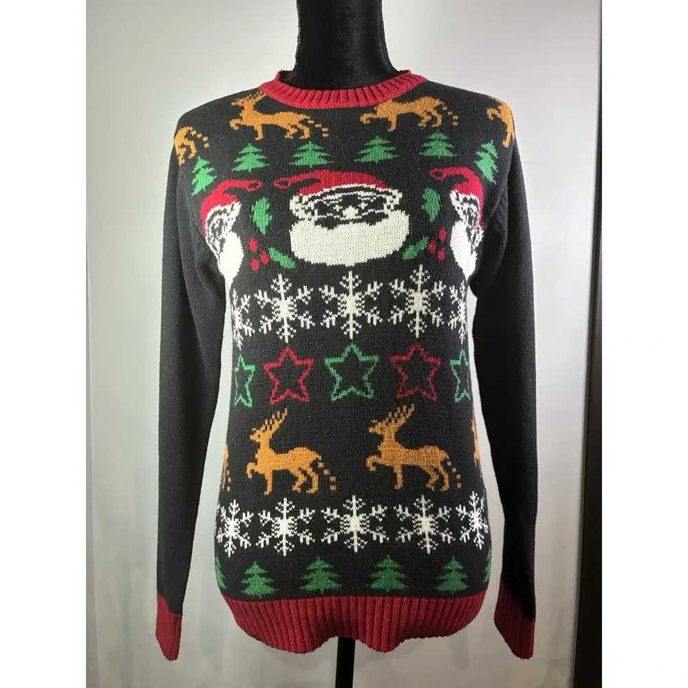 Ugly Christmas Sweater‎ Santa Reindeer Fair Isle Black Red Knit Unisex Small